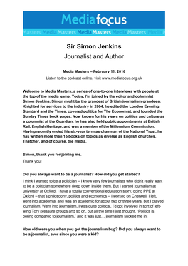 Sir Simon Jenkins Journalist and Author