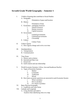 Seventh Grade World Geography – Semester 1