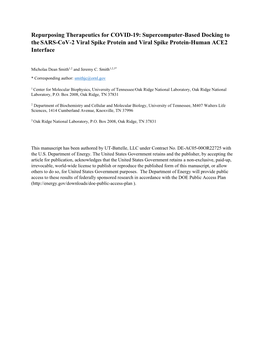 Repurposing Therapeutics for COVID-19: Supercomputer-Based Docking to the SARS-Cov-2 Viral Spike Protein and Viral Spike Protein-Human ACE2 Interface