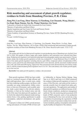 Risk Monitoring and Assessment of Plant Growth Regulators Residues in Fruits from Shandong Province, P