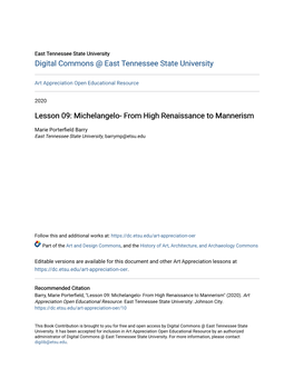 Lesson 09: Michelangelo- from High Renaissance to Mannerism