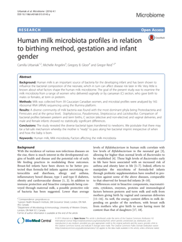 Human Milk Microbiota Profiles in Relation to Birthing Method, Gestation and Infant Gender Camilla Urbaniak1,2, Michelle Angelini3, Gregory B