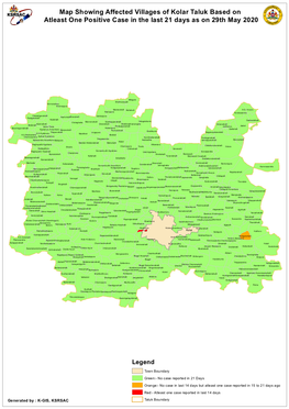 Map Showing Affected Villages of Kolar Taluk Based on Atleast One Positive Case in the Last 21 Days As on 29Th May 2020