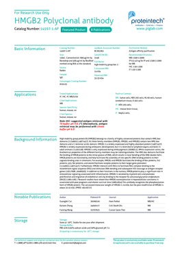 HMGB2 Polyclonal Antibody Catalog Number:14597-1-AP Featured Product 8 Publications