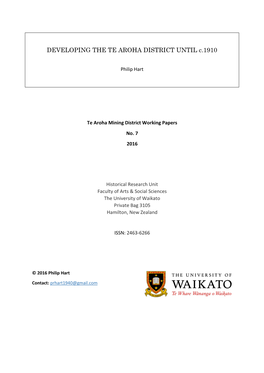 DEVELOPING the TE AROHA DISTRICT UNTIL C.1910