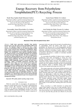 Energy Recovery from Polyethylene Terephthalate(PET) Recycling Process