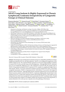 NEAT1 Long Isoform Is Highly Expressed in Chronic Lymphocytic Leukemia Irrespectively of Cytogenetic Groups Or Clinical Outcome