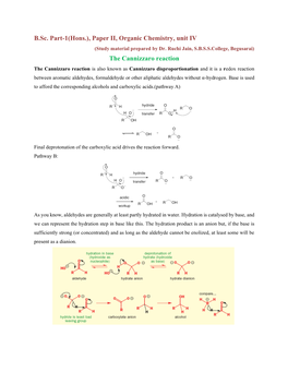 Paper II, Organic Chemistry, Unit IV the Cannizzaro Reaction