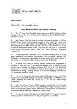 1 News Release 19 June 2015