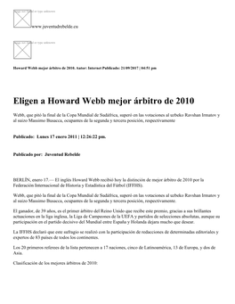 Eligen a Howard Webb Mejor Árbitro De 2010