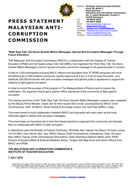 Press Statement Malaysian Anti- Corruption Commission