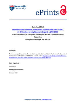 Superstition, Anticlericalism, and Cicero's De Divinatione in Enlightenment England, C.1700-1730