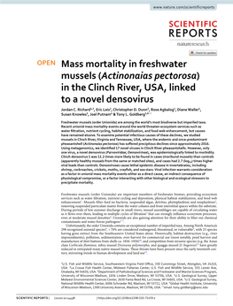 Mass Mortality in Freshwater Mussels (Actinonaias Pectorosa) in the Clinch River, USA, Linked to a Novel Densovirus Jordan C