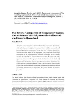 Two Towers: a Comparison of the Regulatory Regimes Which Affect New Electricity Transmission Lines and Wind Farms in Queensland