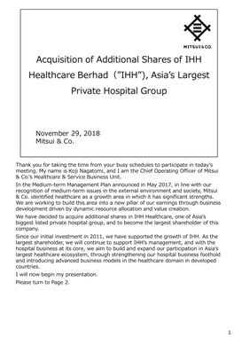 Acquisition of Additional Shares of IHH Healthcare Berhad（”IHH