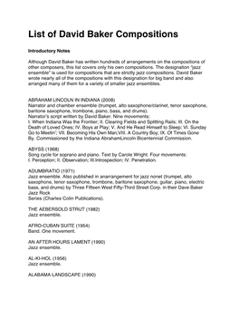 List of David Baker Compositions