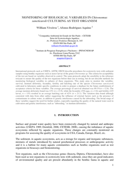 MONITORING of BIOLOGICAL VARIABLES in Chironomus Sancticaroli CULTURING AS TEST ORGANISM