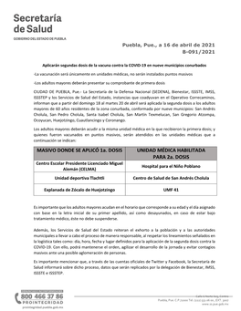 MASIVO DONDE SE APLICÓ 1A. DOSIS UNIDAD MÉDICA HABILITADA PARA 2A