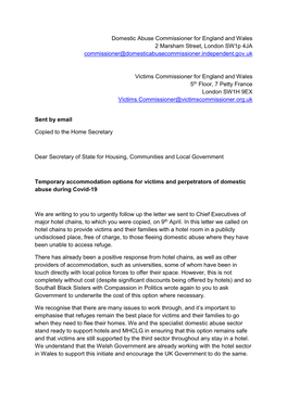 Domestic Abuse Commissioner for England and Wales 2 Marsham Street, London Sw1p 4JA Commissioner@Domesticabusecommissioner.Independent.Gov.Uk