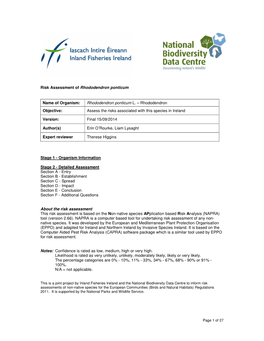 Risk Assessment of Rhododendron Ponticum Name of Organism