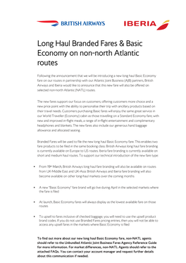 Long Haul Branded Fares & Basic Economy on Non-North Atlantic Routes