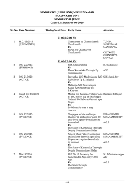 SENIOR CIVIL JUDGE and JMFC,HUMNABAD SARASWATHI DEVI SENIOR CIVIL JUDGE Cause List Date: 04-09-2020