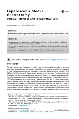 Laparoscopic Sleeve Gastrectomy Surgical Technique and Perioperative Care