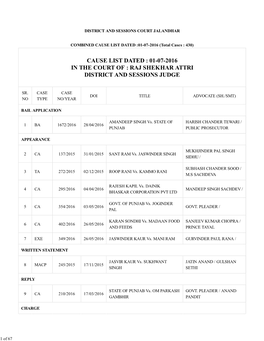 Cause List Dated : 01-07-2016 in the Court of : Raj Shekhar Attri District and Sessions Judge