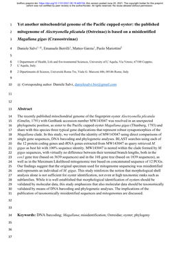 The Published Mitogenome of Alectryonella Plicatula (Ostreinae)