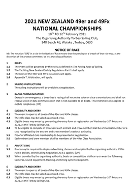 2021 NEW ZEALAND 49Er and 49Fx NATIONAL CHAMPIONSHIPS 10TH to 12TH February 2021 the Organising Authority Torbay Sailing Club, 948 Beach Rd, Waiake , Torbay, 0630