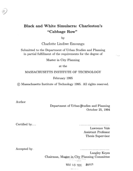 Cabbage Row" by Charlotte Lindiwe Emoungu Submitted to the Department of Urban Studies and Planning in Partial Fulfillment of the Requirements for the Degree Of