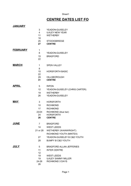 Yorkshire Centre Provisional Dates 2015
