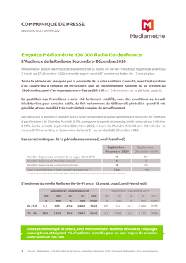 Enquête Médiamétrie 126 000 Radio Ile-De-France L’Audience De La Radio En Septembre-Décembre 2020