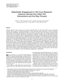 Stakeholder Engagement in HIV Cure Research: Lessons Learned from Other HIV Interventions and the Way Forward