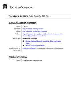 Part 1 SUMMARY AGENDA: CHAMBER WESTMINSTER HALL