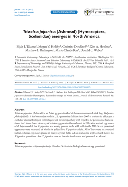 Trissolcus Japonicus (Ashmead) (Hymenoptera, Scelionidae) Emerges in North America