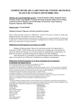 Compte Rendu De La Reunion De Conseil Municipal Seance Du Lundi 22 Septembre 2014