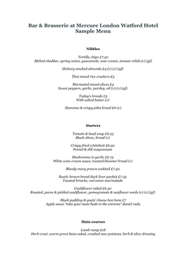 Bar & Brasserie at Mercure London Watford Hotel Sample Menu