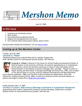 In This Issue Coming up at the Mershon Center