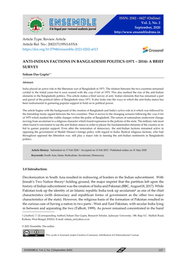 Anti-Indian Factions in Bangladeshi Politics (1971 ‒ 2014): a Brief Survey