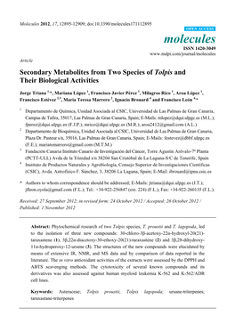 Secondary Metabolites from Two Species of Tolpis and Their Biological Activities