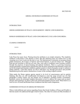 Section Iii Greek and Roman Goddesses of Peace Contents Introduction Greek Goddesses of Peace and Harmony: Eirene and Harmonia R