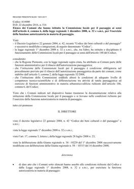 Codice A16000 D.D. 22 Dicembre 2016, N. 516 Elenco Dei Comuni