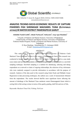 Analysis Techno-Socio-Economic Results of Capture Fisheries Fish Shrinkage Mackarel Tuna (Euthynnus Affinis) in Water District Pamengpeuk Garut