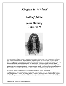 Kington St. Michael Hall of Fame John Aubrey (1626-1697)