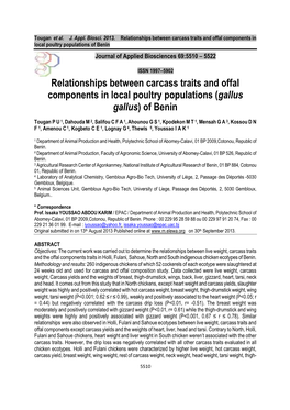 Relationships Between Carcass Traits and Offal Components in Local Poultry Populations of Benin Journal of Applied Biosciences 69:5 510 – 5522