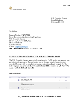 US Consulate General Karachi, Pakistan Date: Jan 28, 2019 To