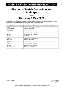 Notice of Uncontested Elections