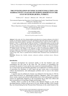 The Investigation of Toxic Element Pollution and Radioactivity Analyses of Marine Sediments in the Gulf of Gemlik (Bursa, Turkey) - 881