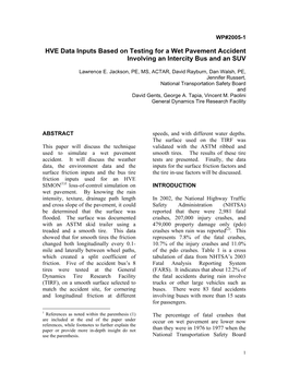 HVE Data Inputs Based on Testing for a Wet Pavement Accident Involving an Intercity Bus and an SUV